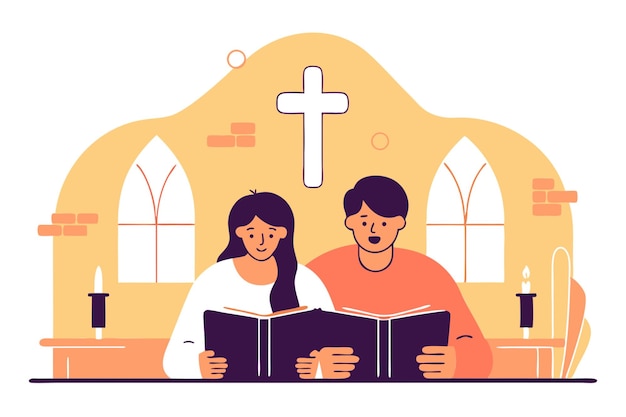 Casal devoto lendo a Bíblia juntos na igreja momento de adoração pacífica ilustração vetorial