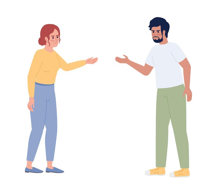 Vetor casal discutindo o tempo todo sobre pequenas coisas personagens vetoriais de cores semi planas