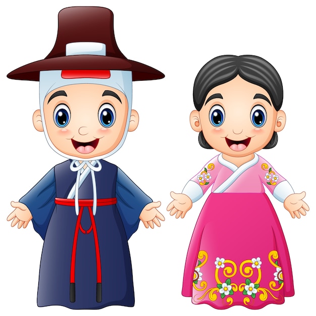 Casal dos desenhos animados coreano vestindo trajes tradicionais