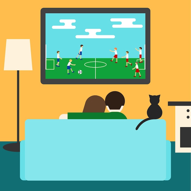 Vetor casal e gato assistindo futebol juntos na televisão, sentado no sofá da sala. ilustração de estilo moderno simples para uso em cartão de design, convite, cartaz, banner, cartaz, capa de outdoor