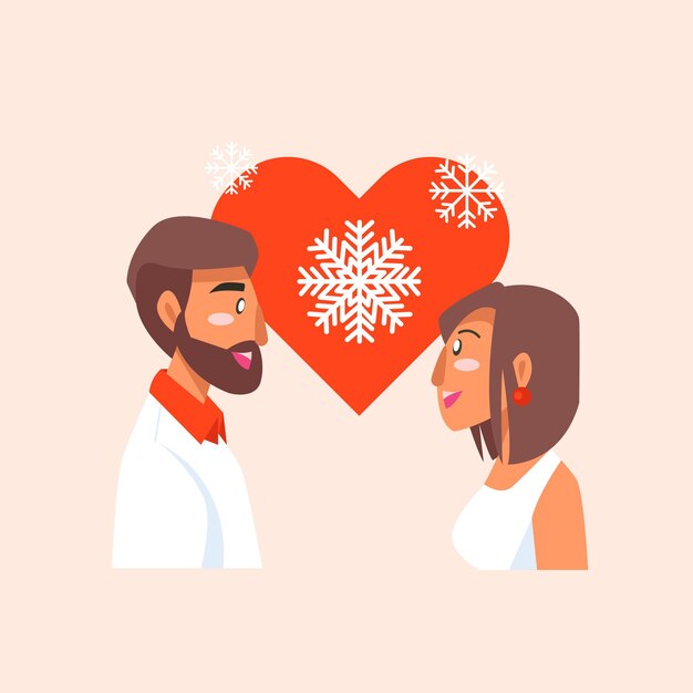 Casal em pé comemorando o natal juntos e vestindo uma roupa quente em vermelho, branco e preto