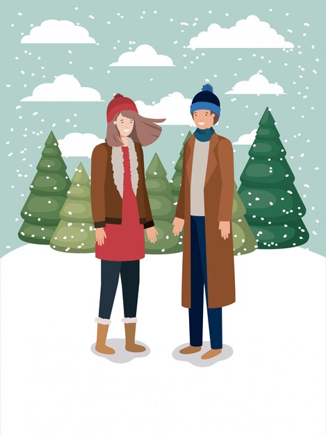 Casal em snowscape com roupas de inverno