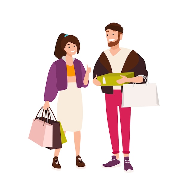 Casal engraçado carregando caixas e sacolas de compras. lindo namorado e namorada segurando suas compras. par de compradores compulsivos. personagens de desenhos animados isolados