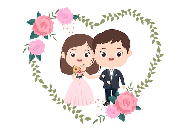 Casal feliz celebrando casamento ou ilustração de cerimônia de casamento com decorações de flores ao ar livre