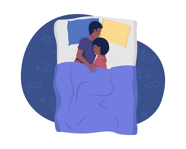 Casal feliz dormindo na cama 2d ilustração isolada em vetor