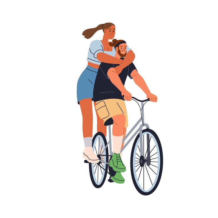 Casal feliz e ativo andando de bicicleta juntos desfrutando de um passeio divertido de bicicleta Mulher jovem e sorridente abraçando um homem pedalando ciclistas engraçados viajam Ilustração vetorial plana isolada em fundo branco