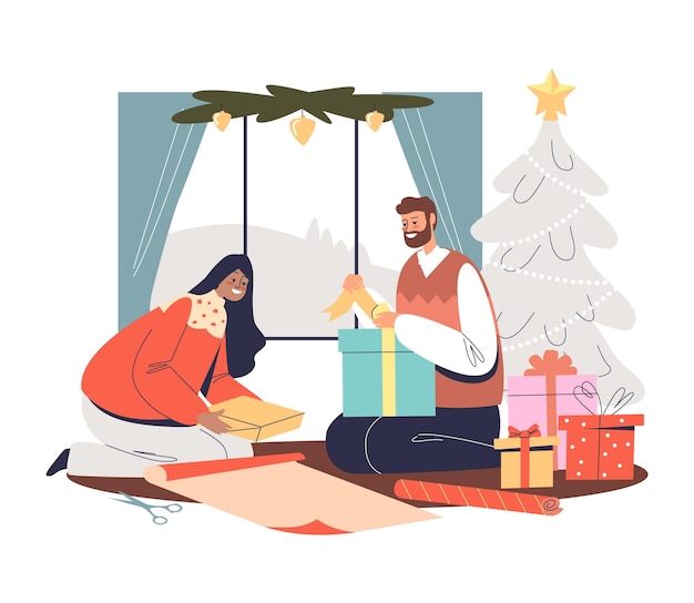 Casal feliz embrulhando presentes para o natal sentados juntos em um pinheiro de natal decorado