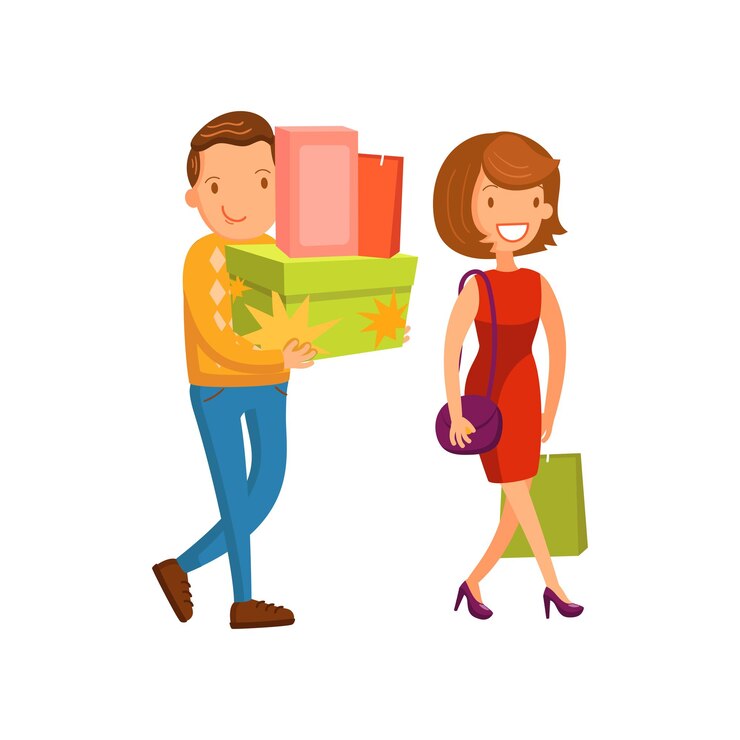 Vetor casal feliz fazendo compras em família em uma ilustração vetorial de desenho animado de shopping isolado em um fundo branco
