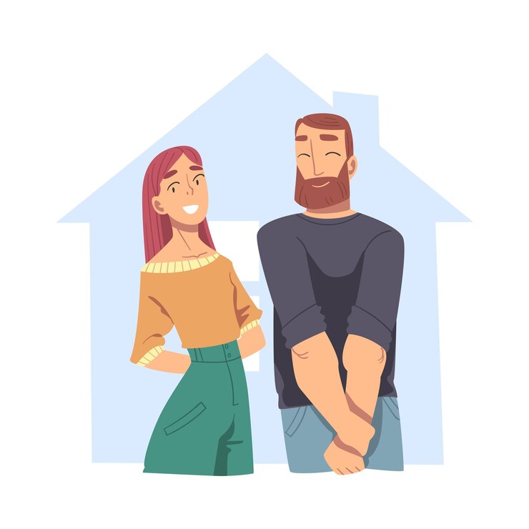 Vetor casal feliz no interior da casa resumo imóvel pessoas sorrindo comprando ou alugando uma nova casa ilustração vetorial de estilo plano