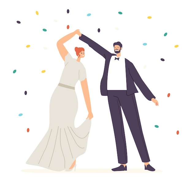 Vetor casal feliz recém-casado executa a dança de casamento durante o conceito de celebração. os personagens de noiva e do noivo recém-casados dançam, cerimônia de casamento, valsa do marido e da mulher. ilustração em vetor desenho animado