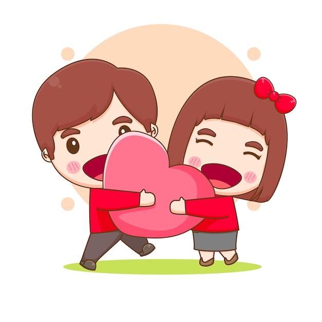 Casal fofo abraçando coração de amor personagem de desenho animado Chibi