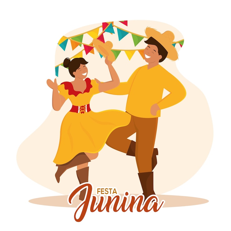 Vetor casal fofo dançando com ilustração vetorial de roupas tradicionais de festa junina