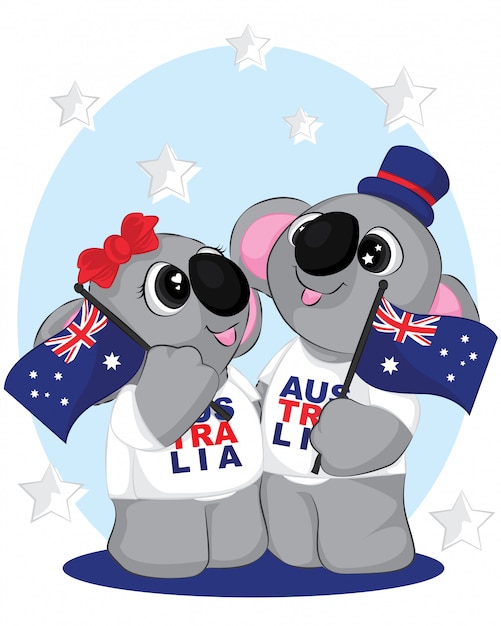 Casal fofo de coala com bandeira da austrália