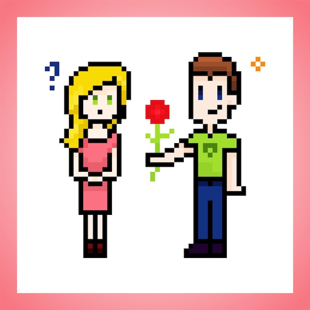 Casal fofo de pixel namorando uma jovem e um homem adorável flor