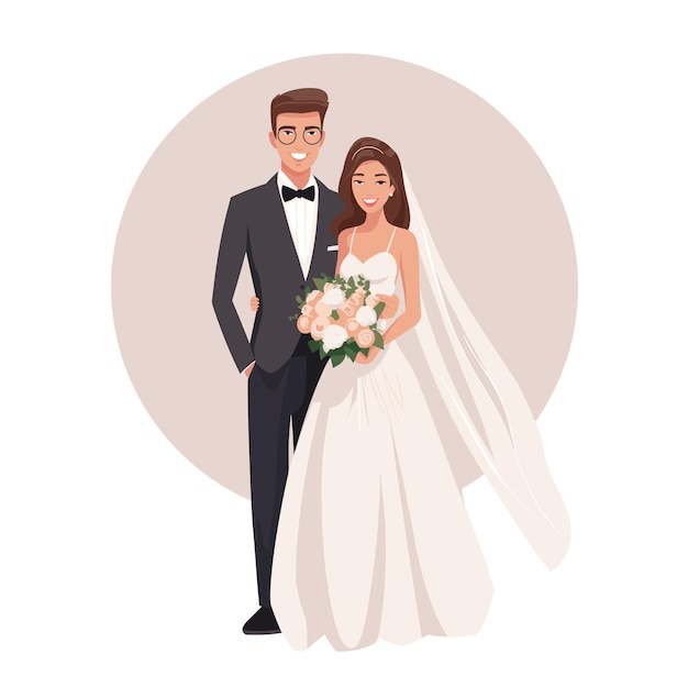 Casal fofo em personagem de desenho animado de vestido de noiva
