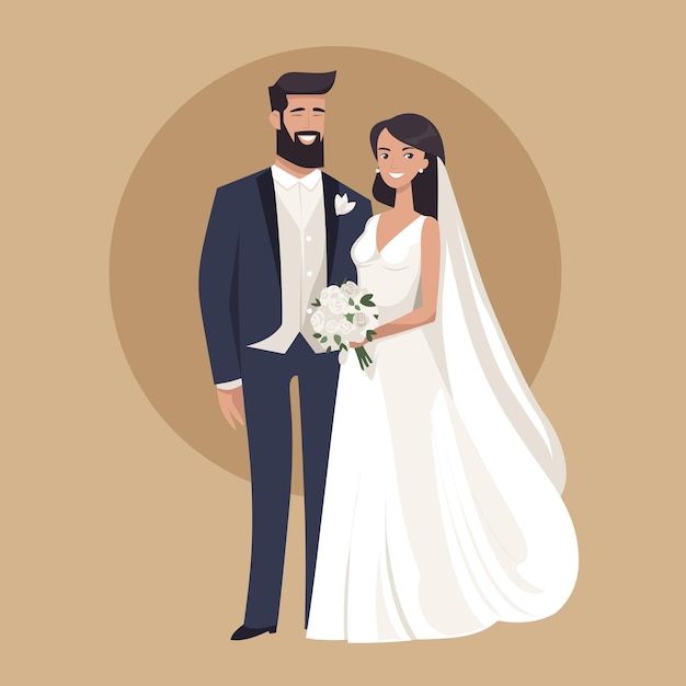 Casal fofo em personagem de desenho animado de vestido de noiva