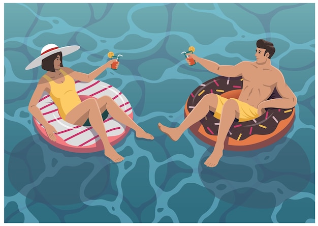 Vetor casal fofo em um encontro na piscina ilustração de férias de verão