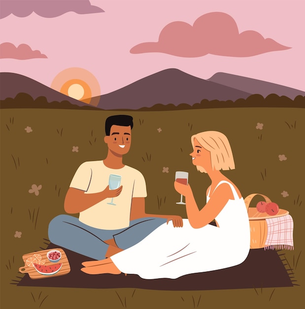 Casal fofo em um piquenique ao pôr do sol ilustração vetorial de fundo de paisagem natural