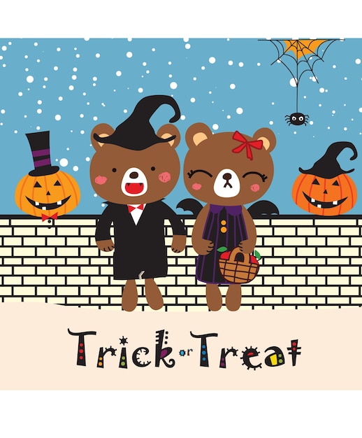 Casal fofo urso halloween set vector