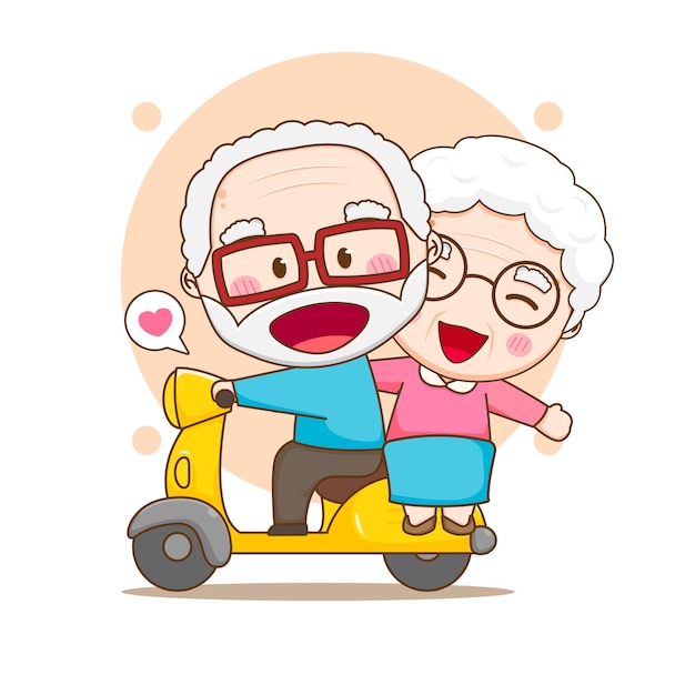 Casal fofo vovô e vovó andando de moto personagem de desenho animado chibi