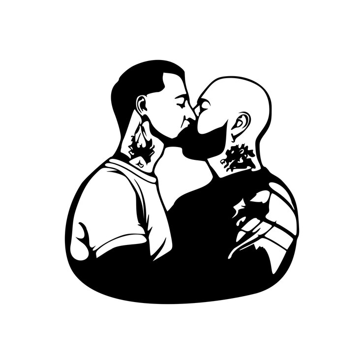 Vetor casal gay beijando orgulho lgbt contornos pretos ilustração vetorial isolada