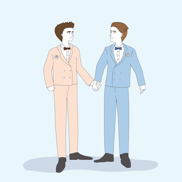 Casal gay de casamento desenhado à mão em tom de cor pastel