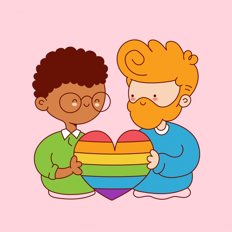 Vetor casal gay jovem engraçado bonito segura o coração do arco-íris. desenho animado personagem ilustração ícone do design. isolado no fundo branco
