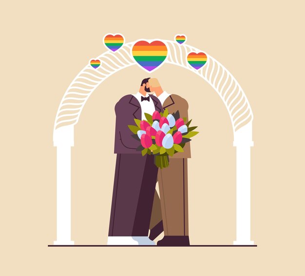 Casal gay recém-casado com flores se beijando perto do arco do casamento transgênero ama a celebração de casamento da comunidade lgbt