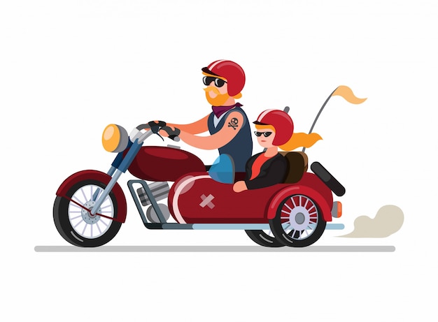 Casal homem e mulher andando de moto com modificação sidecar ou sespan no vetor de ilustração plana dos desenhos animados isolado