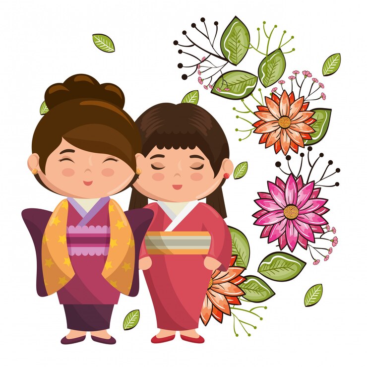 Vetor casal japonês meninas kawaii com personagens de flores