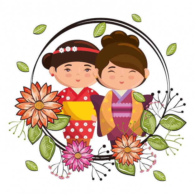 Casal japonês meninas kawaii com personagens de flores