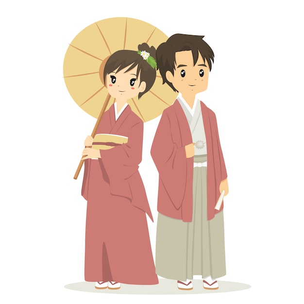 Vetor casal japonês no vestido tradicional de quimono, vetor de desenhos animados.