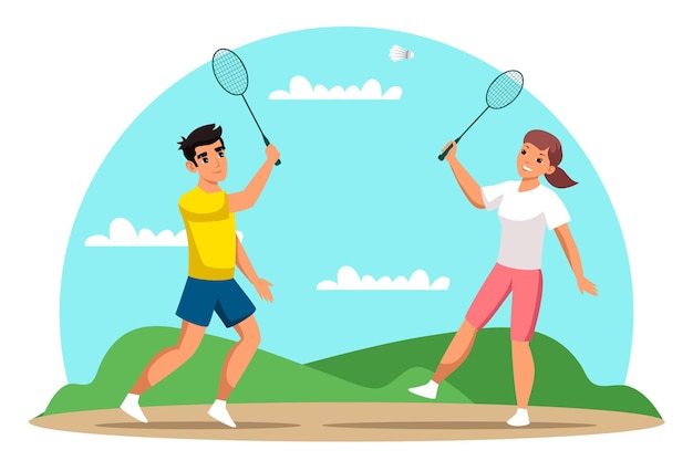 Vetor casal jogando badminton marido e mulher com personagens de desenhos animados de raquetes de tênis pessoas alegres na competição amigável de praia de areia na beira-mar