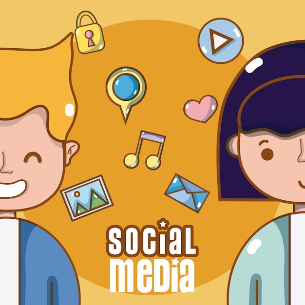 Vetor casal jovem bonito com desenhos animados de símbolos de mídia social