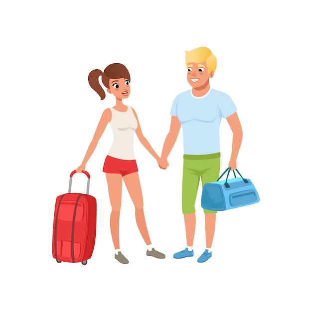 Vetor casal jovem com malas de viagem pessoas viajando juntas durante as férias de verão vetor ilustração isolada em um fundo branco