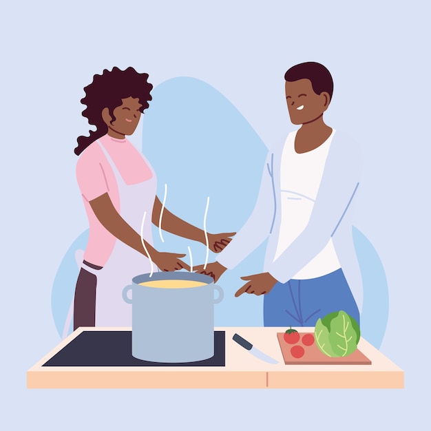 Vetor casal jovem cozinhando com avental, uma panela e utensílios de cozinha desenho de ilustração