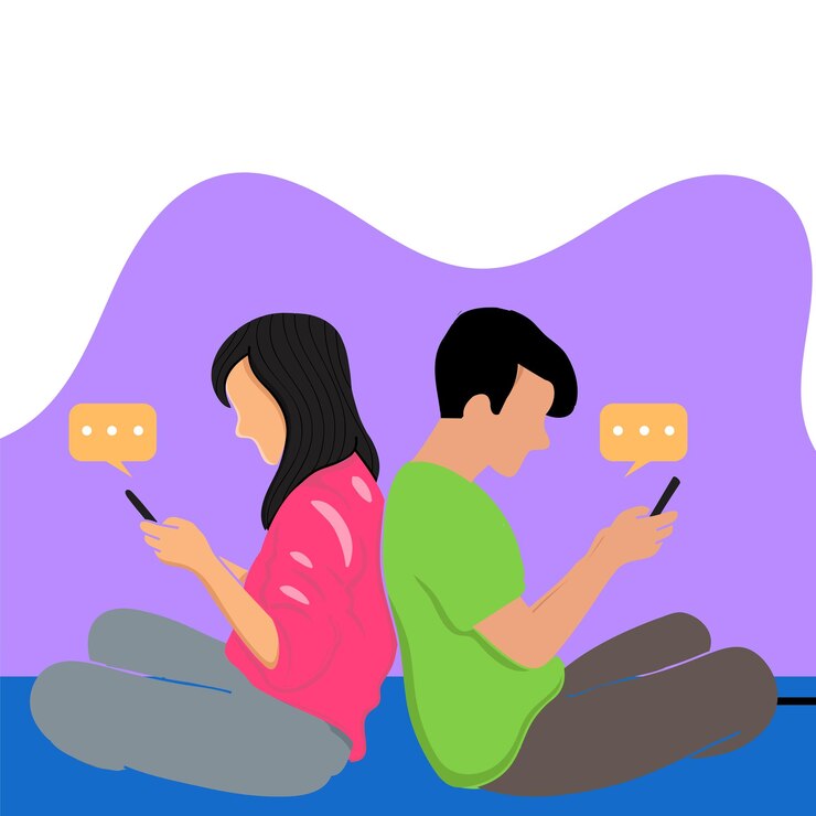 Vetor casal jovem sentado no chão e usando telefones celulares ilustração vetorial