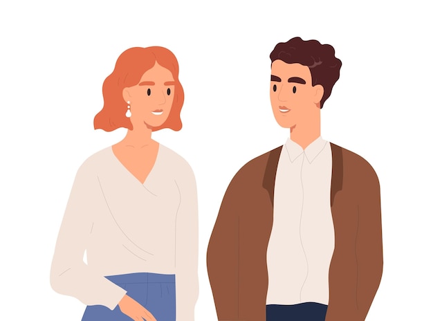 Vetor casal jovem tendo ilustração plana em vetor conversa amigável. sorrindo, homem e mulher falando juntos isolados no branco. retrato de pessoas felizes olhando uns para os outros desfrutando de comunicação.