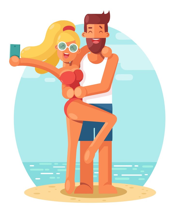 Vetor casal jovem tirando foto de selfie com a câmera do celular na praia. vetor de estilo plano moderno