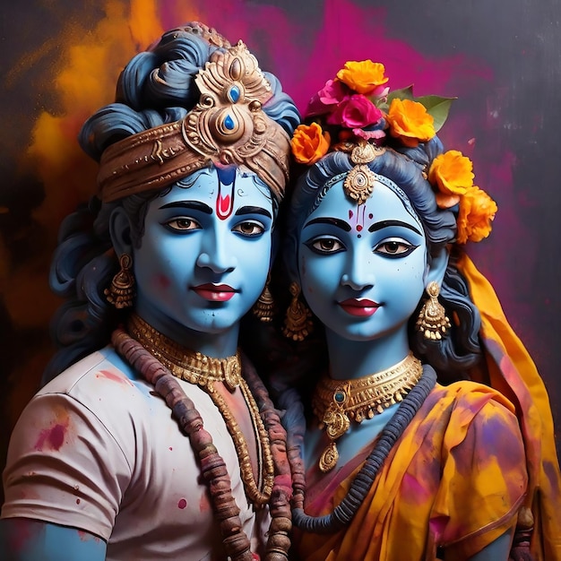 Vetor casal mitológico hindu krishna e radha no festival de holi