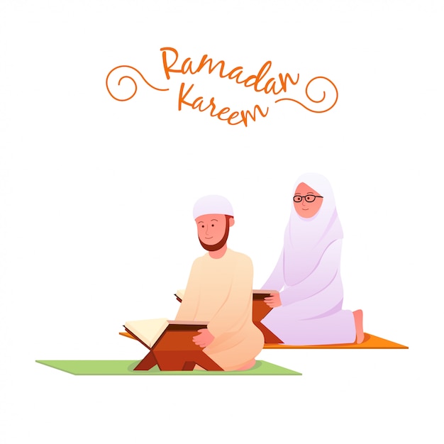 Casal muçulmano de ramadan kareem recitando o alcorão juntos