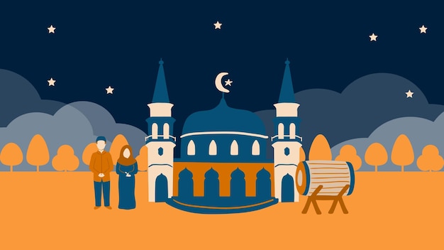Vetor casal muçulmano em frente à mesquita à noite ilustração vetorial em estilo plano