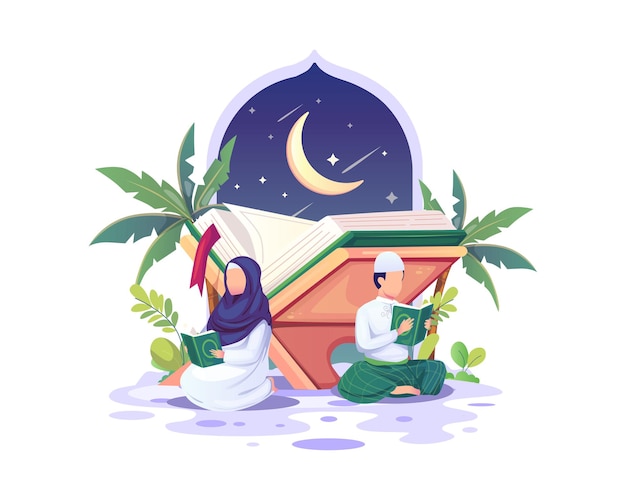 Casal muçulmano lendo e estudando o alcorão durante a ilustração do mês sagrado do ramadã kareem