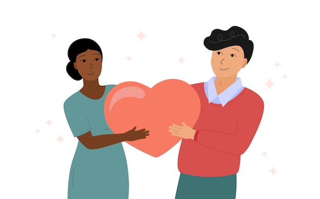 Vetor casal multirracial apaixonado juntos mulher e homem de diferentes raças segurando um grande símbolo de amor de coração