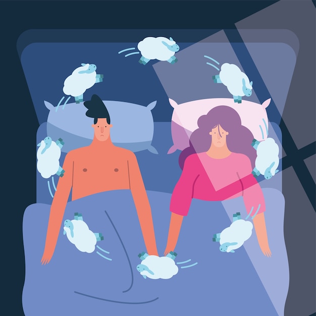 Casal na cama contando ovelhas que sofrem de insônia ilustração vetorial design