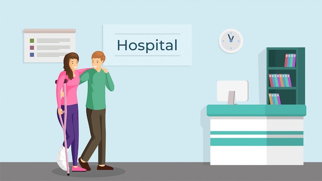 Casal na ilustração plana do hospital. Feliz jovem e mulher com a perna quebrada em personagens de desenhos animados de muletas. Garota de ajuda voluntária amigável com trauma, centro de reabilitação de lesões