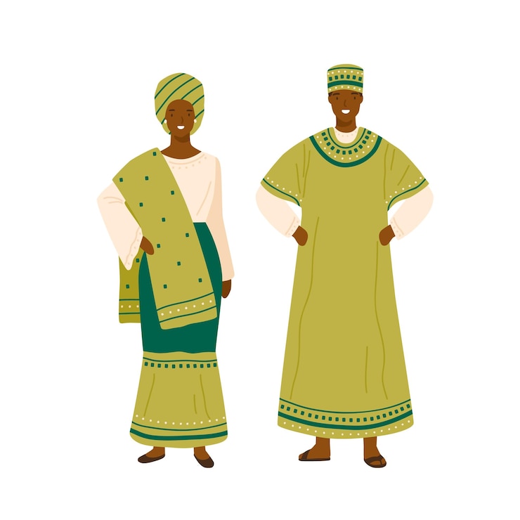Vetor casal nigeriano em ilustração plana de vetor de vestuário tradicional colorido. homem e mulher vestindo traje nacional de país nigéria isolado. pessoas com roupas folclóricas decoradas com elementos de design.