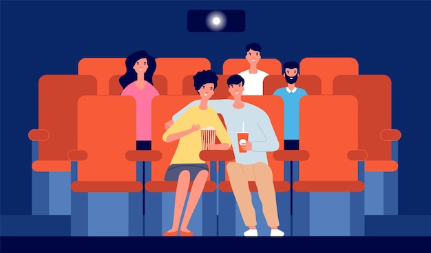 Vetor casal no cinema. menina menino feliz no cinema, desenhos animados pessoas assistindo filme. jovens espectadores, audiência plana em ilustração vetorial de corredor. cinema e cinema, entretenimento para o público