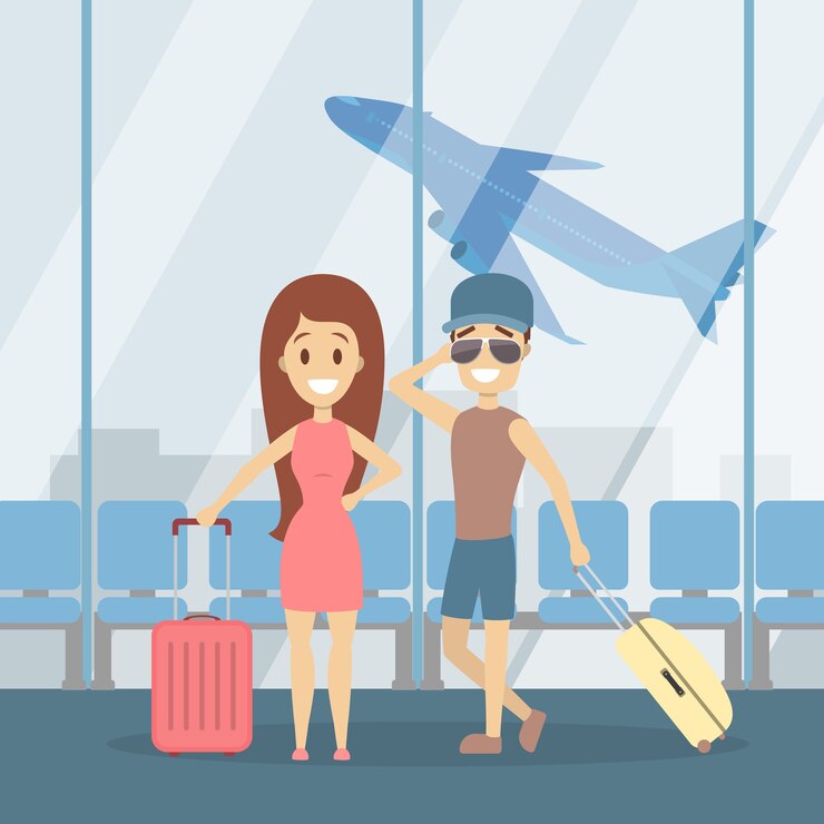 Vetor casal no terminal andando com bagagem e sorriso.