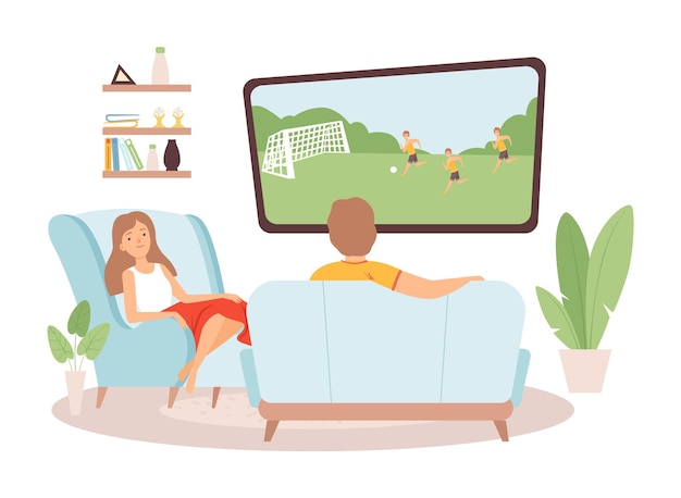 Vetor casal passa algum tempo juntos. homem mulher assistir tv, fãs de futebol. família na sala de estar, ilustração vetorial de ficar em casa. homem e mulher confortáveis assistindo tv